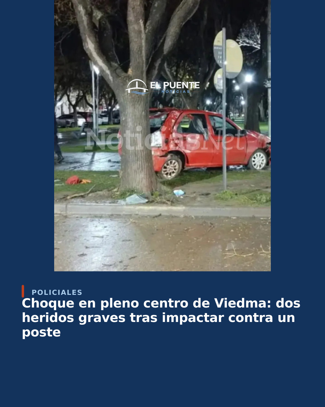 Choque en pleno centro de Viedma: dos heridos graves tras impactar contra un poste